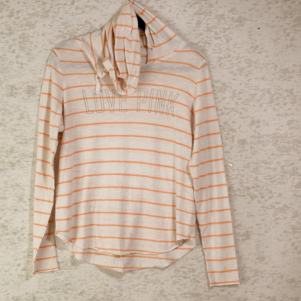 Pink Victoria Secret White and Peach Stripped Hooded shirt